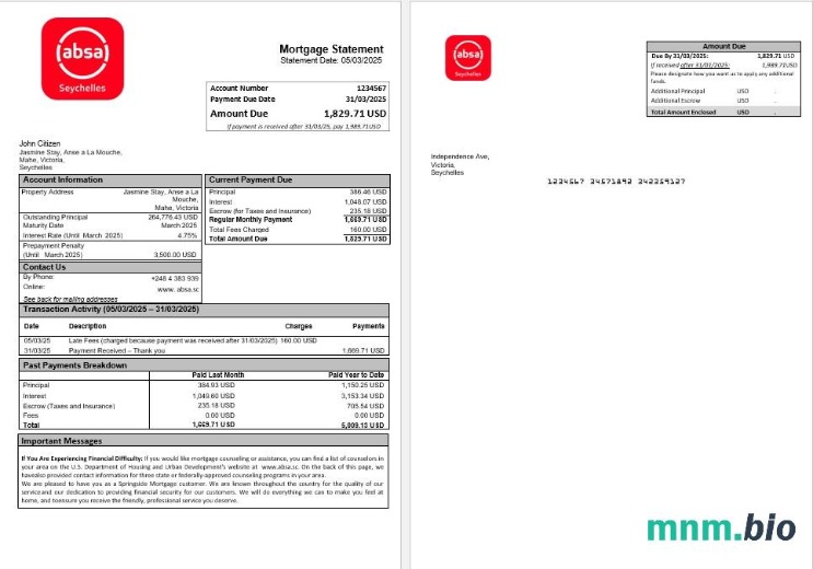 Seszele ABSA Bank wyciąg z kredytu hipotecznego w formatach Word i PDF